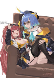 Rule 34 | 2girls, absurdres, adjusting eyewear, ahoge, anchor symbol, aqua hair, aqua ribbon, ass, barbaros (shadowverse), bare legs, belt, between breasts, black choker, black corset, black garter straps, black headwear, black jacket, black skirt, black sleeves, blue hair, blue skirt, blush, breasts, character name, choker, cleavage, closed mouth, collarbone, corset, couch, embarrassed, english text, eyewear on head, fang, from side, garter straps, glasses, hair ornament, hand on another&#039;s leg, hand on eyewear, hat, heart, heart print, highres, jacket, large breasts, long sleeves, looking afar, looking at viewer, midriff, mole, mole on breast, multicolored clothes, multicolored hair, multiple girls, navel, neck ribbon, necktie, necktie between breasts, on couch, open mouth, pirate hat, pleated skirt, red eyes, red hair, red necktie, ribbon, serious, shadowverse, shirt, simple background, skirt, skull, skull print, small breasts, smile, spikes, thighhighs, thighs, tidal gunner (shadowverse), white background, white shirt, wuzhu nis, yellow eyes