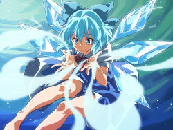 Rule 34 | 1girl, blue background, blue bow, blue dress, blue eyes, blue hair, bow, bowtie, cirno, commentary, detached wings, dress, gyouza (mhea5724), hair bow, highres, ice, ice wings, looking at viewer, open mouth, red bow, red bowtie, short hair, short sleeves, solo, touhou, wings