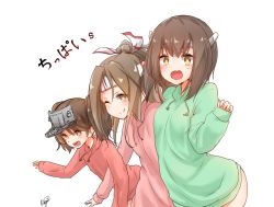 Rule 34 | 3girls, brown eyes, brown hair, fang, green sweater, hachimaki, headband, headgear, high ponytail, kantai collection, multiple girls, one eye closed, open mouth, raayu (0u rayu), red sweater, ryuujou (kancolle), signature, smile, sweater, taihou (kancolle), translation request, twintails, visor cap, zuihou (kancolle)