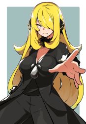 Rule 34 | 1girl, black coat, black pants, black shirt, blonde hair, border, breasts, cleavage, closed mouth, coat, collarbone, creatures (company), cynthia (pokemon), fur collar, fur trim, game freak, green background, grey eyes, hair ornament, hair over one eye, half-closed eye, highres, large breasts, light smile, long hair, long sleeves, mituyota 76, nintendo, open hand, pants, pokemon, pokemon dppt, reaching, reaching towards viewer, shirt, simple background, solo, very long hair, white border, zipper pull tab