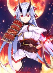 Rule 34 | 1girl, aa-rance, armor, blue hakama, closed mouth, commentary request, embers, fate/grand order, fate (series), fire, hair between eyes, hair ribbon, hakama, hakama pants, hakama skirt, holding, holding sword, holding weapon, horns, japanese armor, japanese clothes, kimono, kote, light particles, long hair, looking at viewer, moon, night, night sky, obi, oni horns, pants, red eyes, red moon, red ribbon, ribbon, sash, sheath, short kimono, side slit, silver hair, skirt, sky, solo, sparkle, sword, tomoe gozen (fate), unsheathing, very long hair, weapon, white kimono