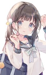 Rule 34 | 1girl, arm up, bag, bag charm, black sailor collar, blue bag, blue bow, blue eyes, blush, bow, brown hair, charm (object), commentary request, eyes visible through hair, fingernails, grey background, hair ornament, hand up, highres, long hair, long sleeves, looking at viewer, original, parted lips, puffy long sleeves, puffy sleeves, sailor collar, school bag, school uniform, sencha (senta 10), shirt, simple background, smile, solo, striped, striped bow, twintails, upper body, white background, white shirt