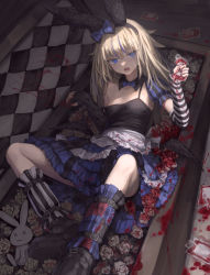 Rule 34 | 1girl, animal ears, bare shoulders, belt, black footwear, black gloves, black hairband, black nails, blonde hair, blood, blood bag, blood on clothes, blood on flower, blood on hands, bloody clothes, bloody dress, blue bow, blue dress, blue eyes, blue hair, bow, coffin, dress, elbow gloves, eyes visible through hair, fake animal ears, fangs, fingerless gloves, fingernails, flower, frilled dress, frills, gloves, hair between eyes, hair bow, hairband, highres, holding, long fingernails, long hair, low wings, mini wings, multicolored hair, nail polish, open mouth, original, osobachan, patterned, plaid, plaid bow, puffy sleeves, rabbit ears, rose, single bare shoulder, slit pupils, solo, squeezing, streaked hair, striped, stuffed animal, stuffed rabbit, stuffed toy, teeth, vampire, white flower, white rose, wings, x x
