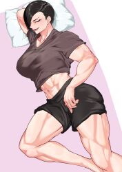 Rule 34 | 1girl, abs, absurdres, black hair, black shorts, breasts, brown shirt, closed eyes, clothes lift, full body, highres, kureshi (hannzi), large breasts, legs, lying, muscular, muscular female, navel, on bed, original, pillow, shirt, short hair, shorts, solo, t-shirt, tagme, thighs