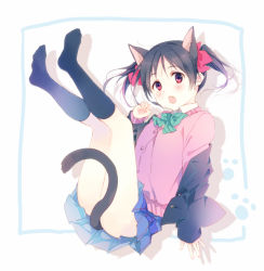 Rule 34 | 10s, 1girl, animal ears, ass, bad id, bad pixiv id, black hair, blazer, blush, bow, cardigan, cat ears, cat tail, fang, hair bow, jacket, jacket off shoulders, kemonomimi mode, kneehighs, knees to chest, legs up, long hair, looking at viewer, love live!, love live! school idol project, no shoes, off shoulder, open clothes, open jacket, open mouth, ousaka nozomi, paw pose, red eyes, school uniform, skirt, socks, solo, sweater, tail, tail censor, twintails, upskirt, yazawa nico