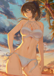 Rule 34 | 1girl, bare arms, bare shoulders, bikini, blue eyes, breasts, brown hair, cleavage, cloud, cloudy sky, contrapposto, cowboy shot, gluteal fold, hair between eyes, hand on own hip, highres, large breasts, long hair, mashuu (neko no oyashiro), multiple girls, navel, ocean, oomikado itsuki, original, outdoors, parted lips, partially submerged, side-tie bikini bottom, sky, solo focus, stomach, swimsuit, thighs, tree, wading, water, wet, white bikini