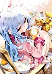 Rule 34 | 1girl, aloe (kenkou3733), animal ear fluff, animal ears, animal slippers, blue hair, blush, breakfast, rabbit ears, bunny slippers, closed mouth, commentary request, cup, don-chan (usada pekora), food, from above, from behind, highres, hikimayu, holding, holding cup, hololive, looking at viewer, looking back, mug, multicolored hair, orange eyes, pajamas, pink pajamas, short eyebrows, sitting, slippers, smile, solo, thick eyebrows, two-tone hair, usada pekora, virtual youtuber