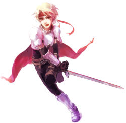 Rule 34 | 1boy, angry, armor, belt, blonde hair, boots, cape, cress albane, full body, gloves, headband, jammyjam, knee boots, male focus, simple background, solo, sword, tales of (series), tales of phantasia, weapon, white background