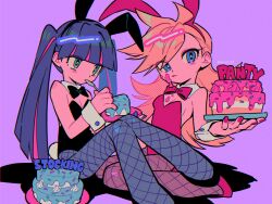Rule 34 | 2girls, animal ear headwear, black bow, black bowtie, black footwear, black leotard, blonde hair, blue eyes, blue nails, blunt bangs, blush, bow, bowtie, breasts, cake, cake slice, character name, detached collar, eating, eyelashes, fake animal ears, fishnet pantyhose, fishnets, food, food on body, food on breasts, food on face, fork, highres, holding, holding cake, holding food, holding fork, icing, kneeling, leotard, licking lips, long hair, menma (enaic31), multiple girls, panty &amp; stocking with garterbelt, panty (psg), pantyhose, playboy bunny, purple background, rabbit tail, red bow, red bowtie, red footwear, red leotard, red nails, siblings, simple background, sisters, sitting, small breasts, stocking (psg), tail, tongue, tongue out, twintails, twitter username, wrist cuffs