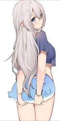 Rule 34 | 1girl, arms behind back, blue eyes, blue shirt, bracelet, breasts, closed mouth, commentary, cowboy shot, cropped shirt, from behind, grey hair, hair between eyes, highres, holding, holding stuffed toy, jewelry, long hair, looking at viewer, looking back, medium breasts, midriff, original, ry thae, sanyu (ry thae), see-through silhouette, shirt, simple background, solo, stuffed toy, stuffed whale, symbol-only commentary, thighs, wavy hair, white background