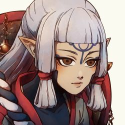 Rule 34 | 1girl, bodysuit, bodysuit under clothes, brown eyes, chiyotae, eye symbol, facial mark, forehead mark, hair tubes, hat on back, highres, hyrule warriors: age of calamity, impa, nintendo, pointy ears, sheikah, solo, the legend of zelda, the legend of zelda: breath of the wild, white hair