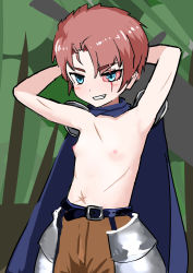 Rule 34 | 1girl, cape, flat chest, highres, original, scar, smile, tomboy, topless
