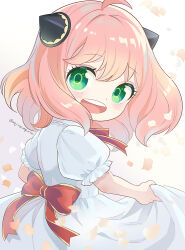 1girl :d ahoge anya_(spy_x_family) bow clothes_lift commentary dot_nose dress frilled_sleeves frills gold_trim gradient_background green_eyes hairpods happy looking_at_viewer looking_back medium_hair mejirooimg open_mouth petals pink_background pink_hair puffy_short_sleeves puffy_sleeves red_bow red_ribbon ribbon short_sleeves signature simple_background skirt_hold smile spy_x_family teeth upper_teeth_only white_dress