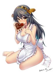 Rule 34 | 10s, 1girl, 2014, apron, bare shoulders, black hair, blush, bow, breasts, brown eyes, chocolate, cleavage, dangan neko, dated, food, frilled apron, frills, hair between eyes, hair ornament, hairband, hairclip, haruna (kancolle), headgear, heart-shaped lock, heart lock (kantai collection), highres, holding, jewelry, kantai collection, lace-trimmed apron, lace trim, large breasts, long hair, looking at viewer, naked apron, necklace, ribbon, ribbon-trimmed ornament, ribbon trim, ring, shiny skin, sideboob, simple background, sitting, smile, solo, thighs, toes, valentine, white background, yokozuwari