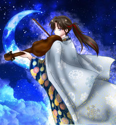 Rule 34 | 1girl, artist request, black hair, crescent moon, han&#039;you no yashahime, holding, holding instrument, holding violin, instrument, inuyasha, japanese clothes, kimono, kyoka aotsu, moon, multicolored hair, music, playing instrument, purple eyes, red hair, setsuna (inuyasha), sky, star (sky), starry sky, two-tone hair, violin