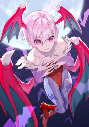 Rule 34 | 1girl, animal print, bare shoulders, bat (animal), bat print, boots, bridal gauntlets, capcom, collar, demon girl, demon wings, detached sleeves, flat chest, flying, hand on own chest, head wings, high heel boots, high heels, highres, leotard, lilith aensland, looking at viewer, moon, night, night sky, pantyhose, parted lips, pink eyes, pink hair, red heels, red leotard, revision, sky, smile, solo, star (sky), teeth, vampire (game), wings, yagi2013