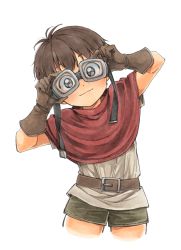 Rule 34 | 1boy, alec (arc the lad), arc s0222, arc the lad, arc the lad iii, bad id, bad pixiv id, belt, brown eyes, brown hair, closed mouth, commentary request, gloves, goggles, looking at viewer, male focus, shorts, simple background, smile, solo, white background, aged down