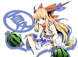 Rule 34 | 1girl, bad id, bad pixiv id, barefoot, belt, blonde hair, blue ribbon, blush, bow, butterfly sitting, chain, female focus, food, fruit, horn ornament, horn ribbon, horns, ibuki suika, long hair, looking at viewer, melon, name connection, object namesake, oguro (moyashi 2-hon), oni, ribbon, simple background, sitting, solo, touhou, very long hair, watermelon, white background, wrist cuffs, yellow eyes