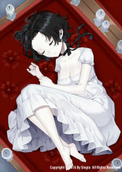 Rule 34 | 1girl, bad id, bad pixiv id, barefoot, black hair, breasts, candle, carchet, cleavage, coffin, colored skin, dress, closed eyes, feet, female focus, forehead, full body, lying, neck ribbon, on side, pannochka, ribbon, short hair, sid story, sleeping, solo, white dress, white skin