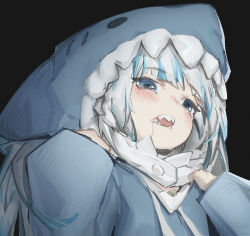 Rule 34 | 1girl, absurdres, animal hood, black background, blue hair, blush, chunkyeggy, film grain, gawr gura, grey hair, highres, hololive, hololive english, hood, hood up, looking at viewer, multicolored hair, open mouth, saliva, shark hood, sharp teeth, simple background, sleeves past wrists, solo, streaked hair, tearing up, teeth, upper body, virtual youtuber