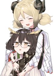 Rule 34 | 2girls, :d, ^ ^, absurdres, arknights, black-framed eyewear, black choker, black hair, blush, brown eyes, choker, closed eyes, commentary, feather hair, glasses, hair between eyes, high collar, highres, horns, ifrit (arknights), long sleeves, low twintails, material growth, multiple girls, open mouth, oripathy lesion (arknights), platinum blonde hair, poyano, shirt, short hair, silence (arknights), simple background, smile, twintails, upper body, white background, white shirt, wide sleeves