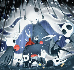 Rule 34 | 6+others, apple, arizuka (catacombe), cherry, cloak, commentary request, cup, eating, food, fruit, helmet, highres, hollow knight, hornet (hollow knight), knight (hollow knight), looking at viewer, lying, multiple others, nut (food), on back, on ground, red cloak, sitting, standing, tea, teacup, vessel (hollow knight), white lady (hollow knight)