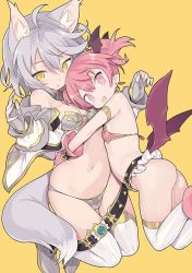 Rule 34 | 2girls, animal ears, armlet, armor, ass, bare shoulders, bikini armor, blade (galaxist), boots, breasts, bright pupils, cleavage, demon girl, detached collar, earrings, emelia pris, fang, flat chest, full body, gloves, hug, jewelry, low wings, multiple girls, navel, parted lips, pink eyes, pink hair, pointy ears, pop-up story, rita drake, short hair, short twintails, silver hair, simple background, skin fang, small breasts, smile, tail, thigh gap, thighhighs, twintails, white legwear, wings, yellow background, yellow eyes