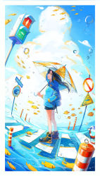 Rule 34 | 1girl, absurdres, air bubble, black footwear, black hair, black shorts, blue hair, blue hoodie, blue sky, border, bubble, clothes writing, cloud, colored inner hair, commentary, commentary request, cross-laced footwear, crosswalk, cumulonimbus cloud, day, drawstring, english commentary, fish, fish request, fisheye, floating hair, from side, hair between eyes, highres, holding, holding umbrella, hood, hood down, hoodie, huge filesize, light smile, long hair, long sleeves, looking at viewer, mixed-language commentary, multicolored hair, orange eyes, orange umbrella, original, outdoors, parted lips, road sign, shi-ro, short shorts, shorts, sideways glance, sign, sky, solo, standing, traffic light, transparent, transparent umbrella, tropical fish, two-tone hair, umbrella, water, white border