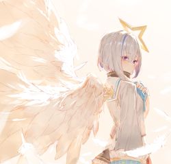 Rule 34 | 1girl, amane kanata, angel wings, asymmetrical hair, black shirt, black skirt, blue eyes, blue hair, blush, breasts, closed mouth, commentary, cowboy shot, feathered wings, feathers, from side, grey jacket, hair between eyes, halo, hand on own chest, hololive, izumi sai, jacket, long sleeves, looking at viewer, looking back, miniskirt, multicolored hair, pink background, pink hair, sailor collar, shirt, short hair, silver hair, simple background, skirt, small breasts, smile, solo, star halo, streaked hair, turtleneck, virtual youtuber, wings
