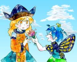 Rule 34 | 2girls, antennae, black hat, blonde hair, blue hair, blue sky, blush, butterfly wings, closed eyes, cloud, day, eternity larva, facing another, flower, giving, hat, insect wings, kokeshi (yoi no myoujou), leaf, leaf on head, long hair, long sleeves, looking at another, matara okina, multiple girls, open mouth, pastel colors, short hair, short sleeves, sky, sweat, tabard, touhou, wide sleeves, wings, yellow eyes