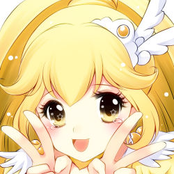 Rule 34 | 10s, 1girl, :d, blonde hair, cure peace, double v, earrings, eyelashes, hair flaps, hair ornament, hairpin, jewelry, kise yayoi, long hair, open mouth, portrait, precure, smile, smile precure!, solo, v, wide ponytail, yellow eyes, yellow theme, yoshii yumi