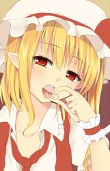 Rule 34 | 1girl, bad id, bad pixiv id, blonde hair, candy, collarbone, fang, flandre scarlet, food, hat, hat ribbon, looking at viewer, loose necktie, mob cap, necktie, nnyara, open mouth, pointy ears, red hair, ribbon, shirt, solo, tongue, tongue out, touhou, upper body, wrist cuffs