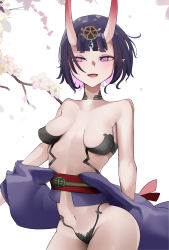Rule 34 | 1girl, absurdres, bare shoulders, bob cut, breasts, collarbone, eyeliner, fate/grand order, fate (series), headpiece, highres, horns, japanese clothes, kimono, long sleeves, looking at viewer, makeup, obi, off shoulder, oni, open mouth, purple eyes, purple hair, purple kimono, revealing clothes, san (harutuki 3), sash, short hair, short kimono, shuten douji (fate), skin-covered horns, small breasts, smile, thighs, wide sleeves