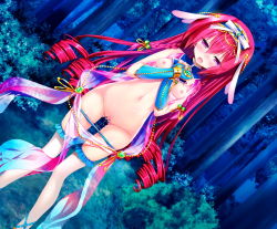 Rule 34 | 1girl, blush, braid, breasts, censored, embarrassed, forest, game cg, grass, highres, legs, long hair, lots of jewelry, mayoeru futari to sekai no subete love heaven 300 percent, mizunomiya nana, mosaic censoring, nature, navel, nipples, open mouth, panties, panty pull, purple eyes, pussy, pussy juice, red hair, small breasts, solo, standing, tears, thighs, tree, underwear, wet, youta