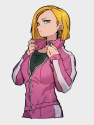 Rule 34 | 1girl, android 18, black shirt, blonde hair, blue eyes, closed mouth, dragon ball, dragon ball super, earrings, grey background, jacket, jewelry, kemachiku, long sleeves, looking at viewer, pink jacket, shirt, short hair, simple background, solo, track jacket, zipper