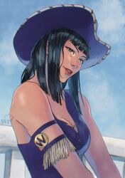 Rule 34 | 1girl, armlet, black hair, blue eyes, blue sky, blunt bangs, blunt ends, commentary, cowboy hat, cowboy shot, crop top, cross-laced clothes, cross-laced top, english commentary, hat, highres, light smile, looking ahead, medium hair, nico robin, nico robin (alabasta), ninarbreart, one piece, purple hat, purple shirt, red lips, shirt, signature, sky, sleeveless