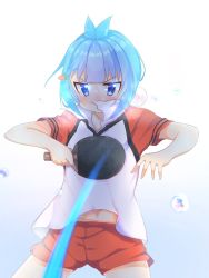 Rule 34 | 1girl, bad id, bad pixiv id, blue eyes, blue hair, blunt bangs, blush, carrot hair ornament, collared shirt, food-themed hair ornament, gym shorts, hair ornament, highres, itsumo hokuto, kerun, leaning back, leaning forward, looking at viewer, midriff, navel, paddle, shakunetsu no takkyuu musume, shirt, short hair, short shorts, short sleeves, shorts, sidelocks, solo, standing, stomach, sweat, sweatdrop, table tennis, table tennis paddle, v-shaped eyebrows