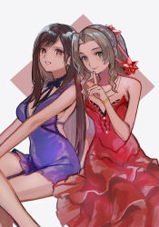 Rule 34 | 2girls, aerith gainsborough, atai (kromameta1234), backless dress, backless outfit, black hair, blue dress, brown hair, crossed legs, curly hair, dress, final fantasy, final fantasy vii, final fantasy vii remake, finger to mouth, flamenco dress, green eyes, hair between eyes, high ponytail, highres, jewelry, light blush, lipstick, long dress, long hair, looking at viewer, makeup, multiple girls, necklace, official alternate costume, red dress, red eyes, red ribbon, ribbon, shiny clothes, short dress, shushing, simple background, sitting, smile, tifa lockhart, tifa lockhart (refined dress), very long hair, wall market