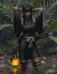 Rule 34 | 1girl, arms behind head, arms up, black hair, black kimono, breasts, closed mouth, commentary, closed eyes, facing viewer, flower, flower on liquid, guweiz, hair flower, hair intakes, hair ornament, highres, japanese clothes, katana, kimono, lantern, long hair, obi, original, outdoors, pink flower, plant, realistic, reflection, sash, sheath, sheathed, short sleeves, sidelocks, small breasts, solo, standing, sword, symbol-only commentary, tasuki, wading, water, weapon, wide sleeves