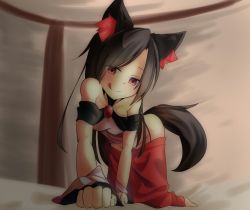 Rule 34 | 1girl, all fours, alternate costume, animal ears, aranagi (arng 4401), bare shoulders, brooch, brown hair, clothes pull, crawling, detached sleeves, dress, imaizumi kagerou, jewelry, long sleeves, looking at viewer, naughty face, off shoulder, red eyes, skirt, skirt pull, solo, tail, tongue, tongue out, touhou, wolf ears, wolf tail