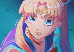 Rule 34 | 1girl, absurdres, artist request, bishoujo senshi sailor moon, blonde hair, blue eyes, blue sailor collar, bow, bowtie, breasts, choker, cleavage, crescent, crescent earrings, derivative work, earrings, flying sweatdrops, from above, from side, hair ornament, heart, heart choker, highres, jewelry, lips, looking at viewer, meme, parted bangs, red bow, red bowtie, red choker, sailor collar, sailor moon, sailor moon redraw challenge (meme), school uniform, screenshot redraw, serafuku, solo, sweatdrop, tiara, tsukino usagi, twintails, upper body