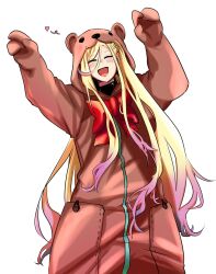 Rule 34 | 1girl, a-91 (girls&#039; frontline), a-91 (inflammable oolong tea) (girls&#039; frontline), animal costume, bear costume, blonde hair, blush, bow, closed eyes, girls&#039; frontline, gradient hair, heart, long hair, multicolored hair, official alternate costume, open mouth, pocket, purple hair, red bow, reizo ne, solo, straight-on, white background