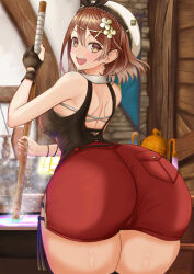 Rule 34 | 1girl, artist request, ass, ass focus, atelier (series), atelier ryza, bare shoulders, blush, breasts, brown eyes, brown hair, cameltoe, cauldron, from behind, gloves, hair ornament, hair ribbon, hairclip, hat, highres, huge ass, looking at viewer, looking back, medium breasts, open mouth, red shorts, reisalin stout, ribbon, short hair, short shorts, shorts, sideboob, single glove, smile, solo, staff, thick thighs, thighs