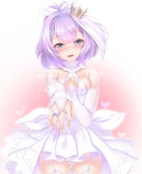Rule 34 | 1girl, :d, areola slip, azur lane, bare shoulders, blush, breasts, bridal gauntlets, cleft of venus, collarbone, commentary request, crown, detached sleeves, dress, fingernails, green eyes, hair between eyes, halter dress, halterneck, hand on own chest, harigane shinshi, head tilt, heart, highres, javelin (azur lane), jewelry, long sleeves, looking at viewer, medium breasts, mini crown, no bra, open mouth, ornate ring, outstretched arm, panties, partially visible vulva, purple hair, ring, single bridal gauntlet, single sleeve, sleeves past wrists, smile, solo, sparkle, underwear, wedding dress, wedding ring, wedgie, white panties