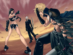 Rule 34 | 00s, 1990s (style), 1girl, 2boys, black hair, blonde hair, buster sword, cloud, cloud strife, facepalm, fighting, final fantasy, final fantasy vii, final fantasy vii advent children, gloves, hand over face, high heels, kadaj, legs, long hair, low-tied long hair, minh do, mr-mister, multiple boys, retro artstyle, shoes, silver hair, source request, sword, tifa lockhart, torn clothes, wallpaper, weapon