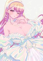 1girl arm_at_side bare_shoulders blonde_hair blush bow breasts choker cleavage denonbu dot_nose dress dress_bow earrings frilled_dress frills grey_background hairband half-closed_eye hand_up highres jewelry large_breasts long_sleeves looking_at_viewer multicolored_hair necklace panties parted_lips pink_hair red_eyes see-through_clothes see-through_dress shirokane_aki solo sparkle standing strapless strapless_dress two-tone_hair underwear wanowanoji67 white_bow white_choker white_dress white_hairband white_panties