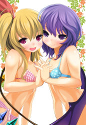 Rule 34 | 2girls, alternate costume, at-yui, bad id, bad pixiv id, bat wings, bikini, blonde hair, blue bikini, checkered bikini, checkered clothes, cheek-to-cheek, flandre scarlet, heads together, heart, heart print, highres, holding hands, interlocked fingers, looking at viewer, multiple girls, open mouth, purple eyes, purple hair, remilia scarlet, siblings, side ponytail, sisters, smile, swimsuit, touhou, wings