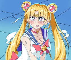 Rule 34 | 1girl, absurdres, bishoujo senshi sailor moon, blonde hair, blue sailor collar, blush, bow, breasts, breasts squeezed together, choker, circlet, cleavage, crescent, crescent earrings, double bun, earrings, hair bun, highres, jewelry, large breasts, long hair, meme, open mouth, parted bangs, sailor collar, sailor moon, sailor moon redraw challenge (meme), sailor senshi uniform, school uniform, serafuku, solo, sweat, tile floor, tiles, tsukino usagi, upper body, very long hair, white-stew