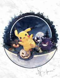 Rule 34 | absurdres, animal focus, cloud, colored skin, commentary request, creatures (company), fangs, game freak, gastly, gen 1 pokemon, gen 6 pokemon, gen 7 pokemon, gengar, grin, halloween, hatenachan, highres, jack-o&#039;-lantern, mimikyu, moon, night, night sky, nintendo, no humans, open mouth, pikachu, poke ball, pokemon, pokemon (creature), pumpkaboo, pumpkin, red eyes, signature, sky, smile, solid oval eyes, tail, tree, white background, yellow eyes, yellow skin