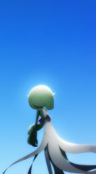 Rule 34 | 1girl, back, blue background, blue sky, bob cut, bruise, colored skin, creatures (company), cuts, day, dirty, female focus, from behind, game freak, gardevoir, gen 3 pokemon, gradient background, gradient sky, green hair, green skin, highres, holding own arm, injury, looking up, lotosu, multicolored skin, nintendo, outdoors, pokemon, pokemon (creature), short hair, simple background, sky, solo, standing, two-tone skin, white skin